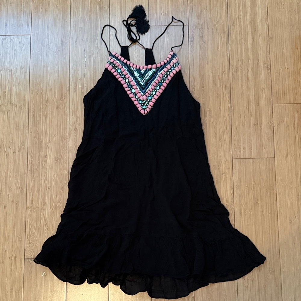 Beach Dress Coverup with Pink & Turquoise Beaded V-Neck